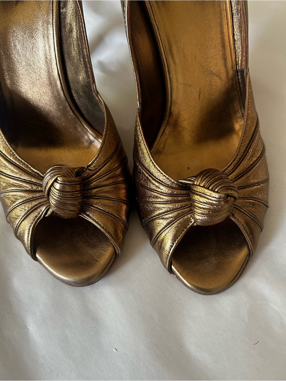 Gucci Metallic Bronze Peep-Toe Knot Heels - Women